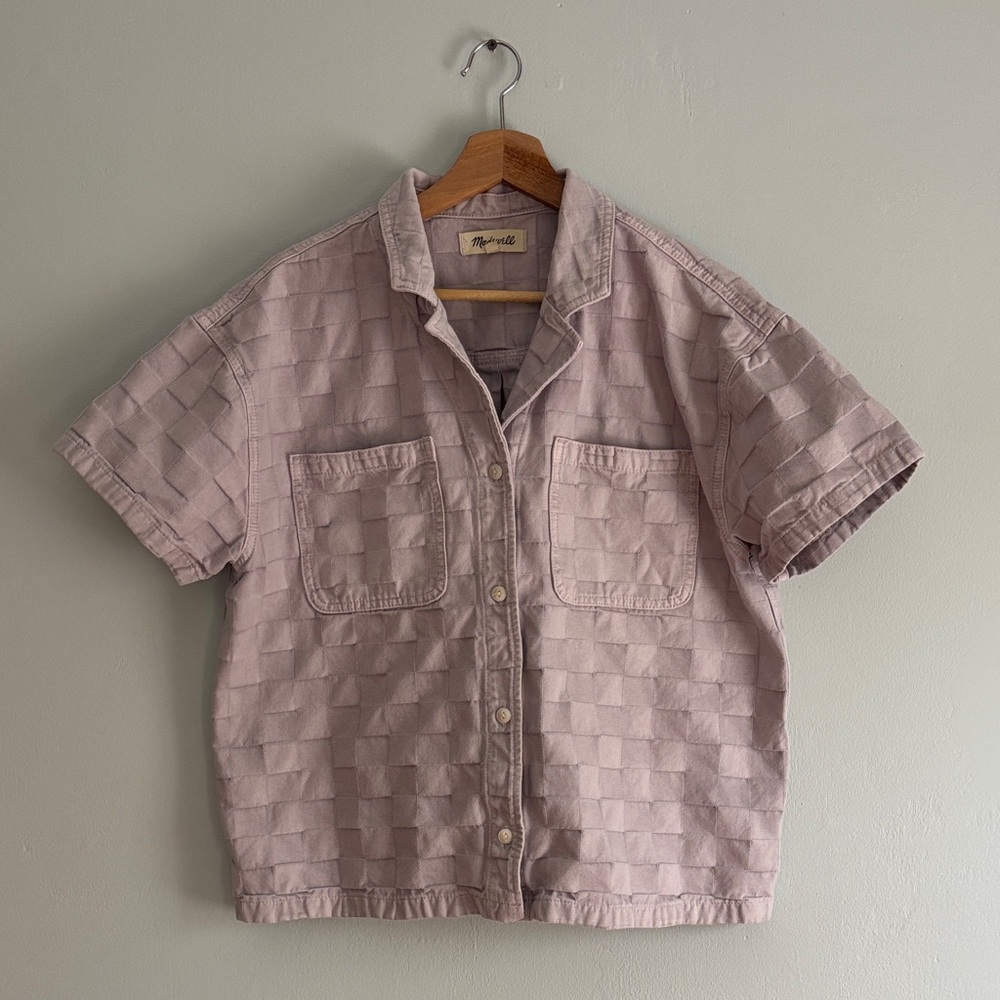 Madewell Garment Dyed Jacquard Checkerboard Short Sleeve Shirt in Mauve L